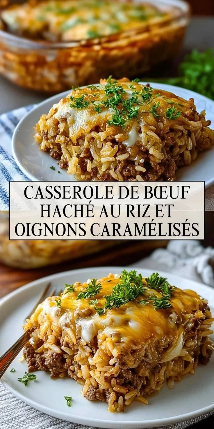 Casserole de bœuf haché au riz et oignons caramélisés, plat savoureux et réconfortant.