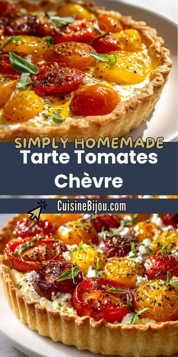 Tarte aux tomates et chèvre fraîchement cuite, plat coloré et savoureux.
