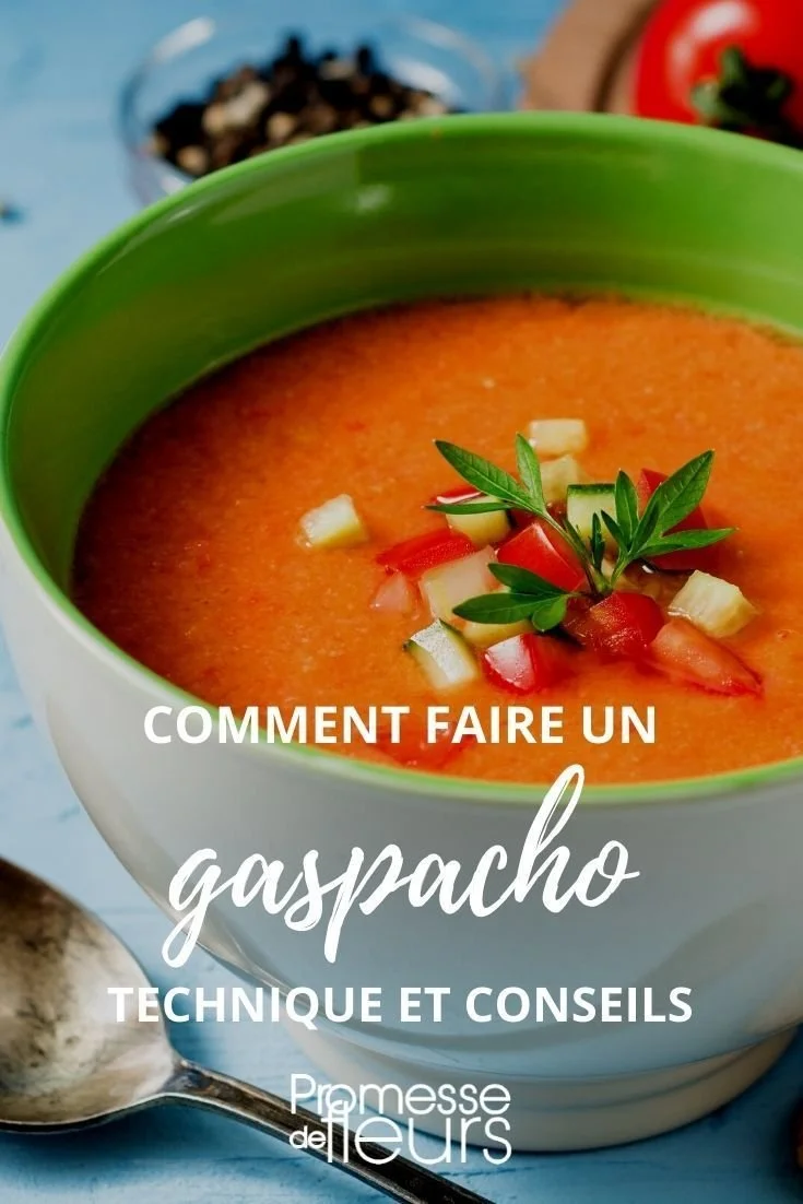 Recette de gaspacho frais, un plat traditionnel espagnol à base de tomates et légumes.