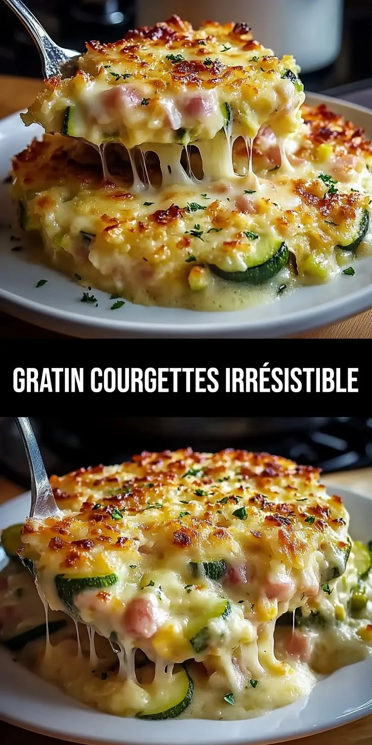 Gratin de courgettes avec jambon et riz, plat savoureux et réconfortant.