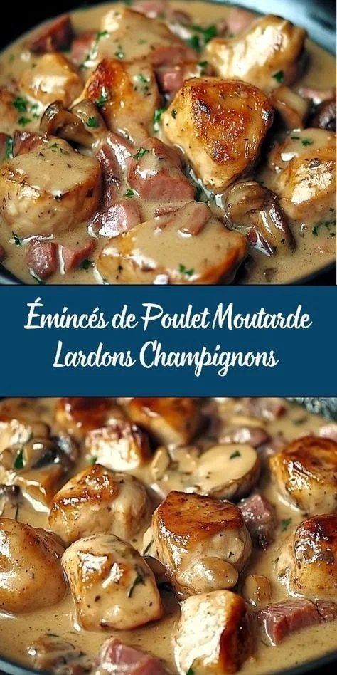 Émincés de poulet à la moutarde et lardons dans une poêle.