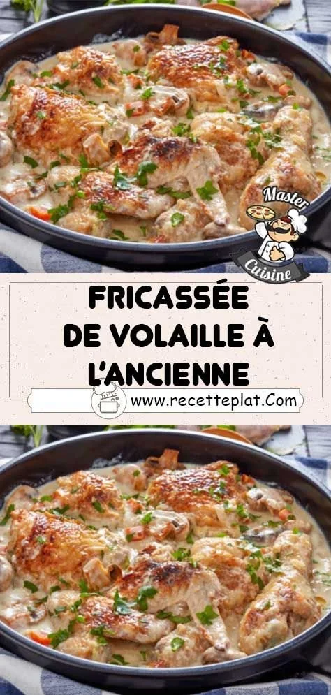 Fricassée de volaille à l'ancienne, plat savoureux de poulet et légumes en sauce