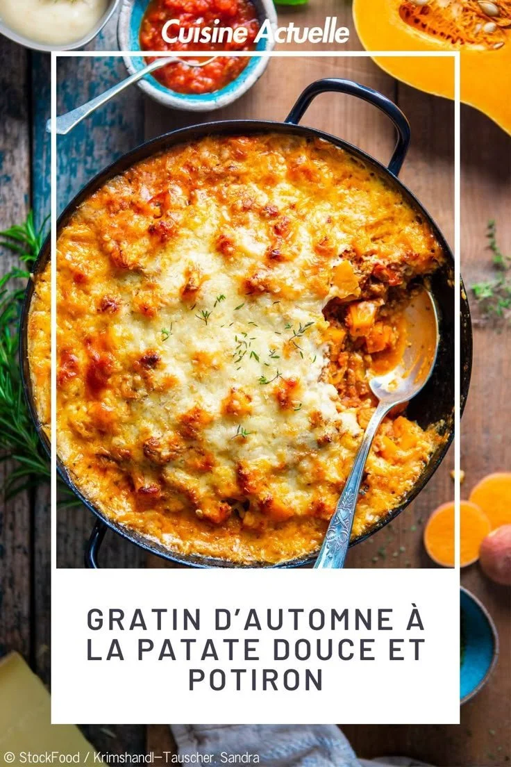 Gratin d'automne à la patate douce et potiron, plat savoureux et réconfortant.
