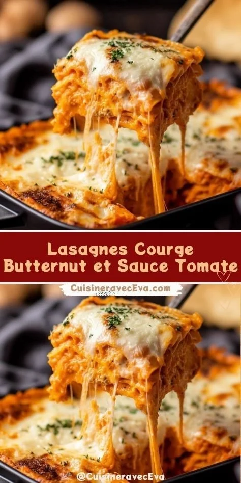 Lasagnes courge butternut crémeuses et savoureuses avec sauce tomate maison.