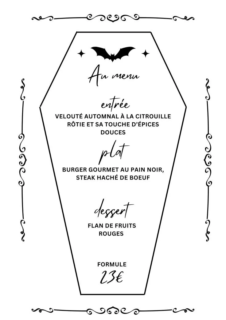 Menu Halloween noir et blanc élégant pour restaurant, modèle Canva