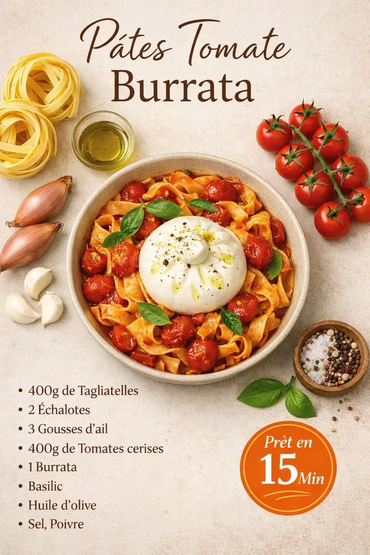 Pâtes tomate burrata crémeuses servies dans un bol