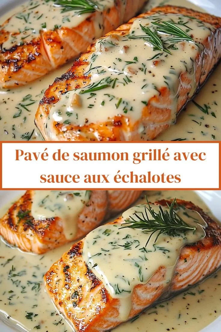 Pavé de saumon grillé avec sauce aux échalotes dans une assiette élégante