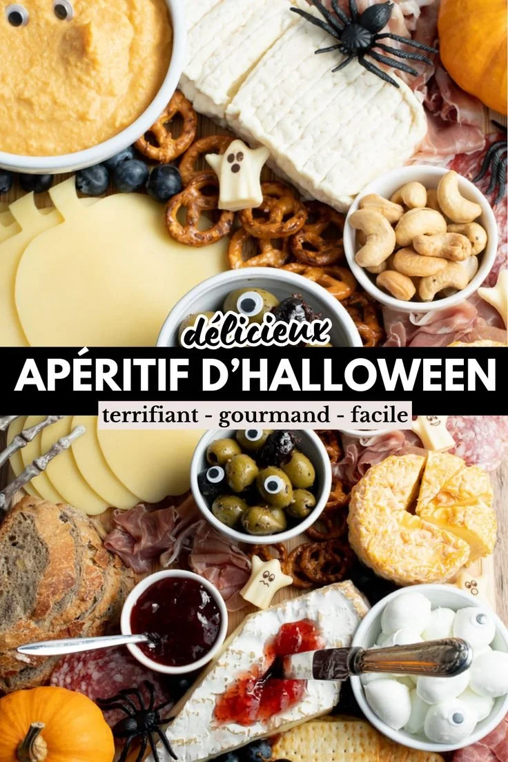 Planche apéritive d'Halloween facile et surprenante à partager lors d'une fête.