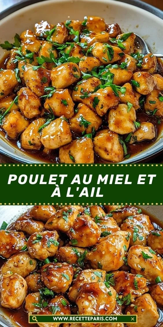 Recette de poulet au miel et à l'ail sur une assiette garnie d'herbes fraîches.