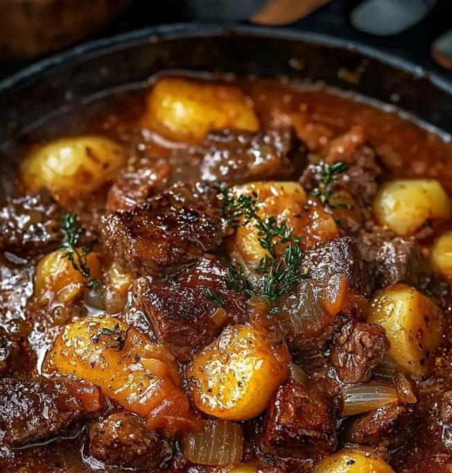 Ragoût de bœuf aux légumes d'hiver mijoté dans une casserole.