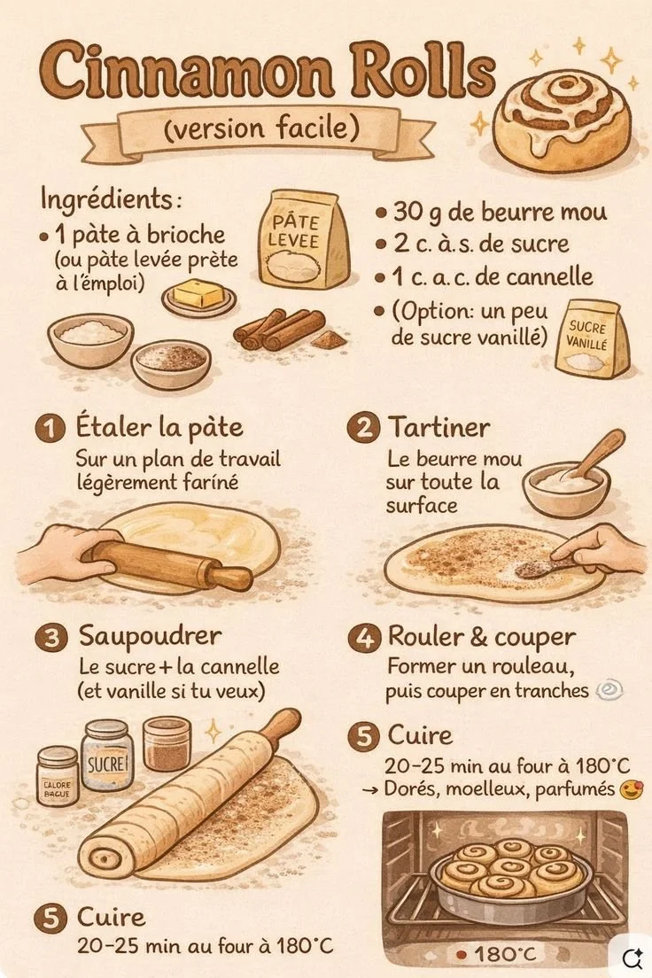 Recette de cinnamon rolls moelleux prêts à être dégustés.