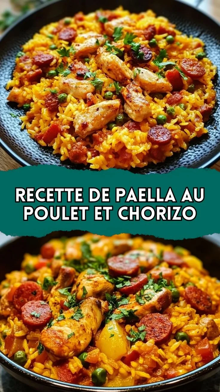 Recette de paella au poulet et chorizo dans un plat coloré