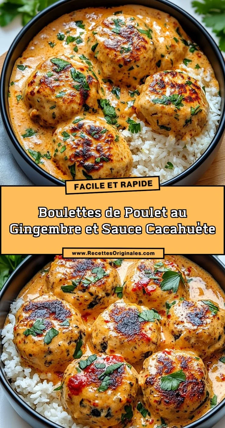 Boulettes de poulet au gingembre avec sauce cacahuète, plat savoureux et rapide.