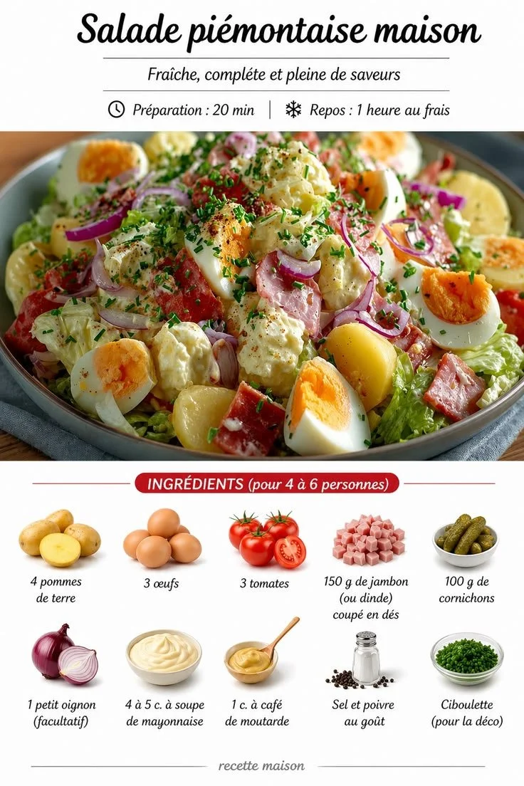 Recette de salade piémontaise maison avec pommes de terre, œufs et tomates.
