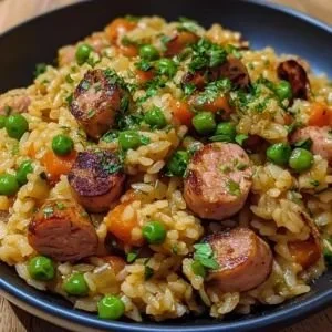 Riz aux Saucisses et Petits Pois, un plat savoureux et réconfortant