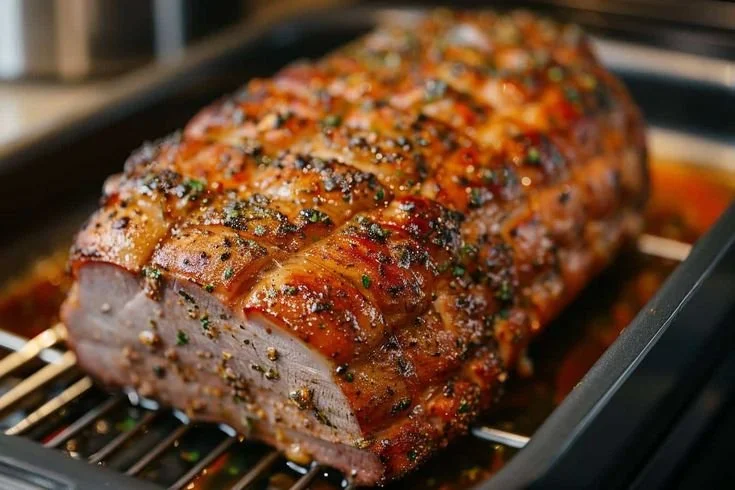Recette de rôti de porc cuit au airfryer, doré et savoureux.