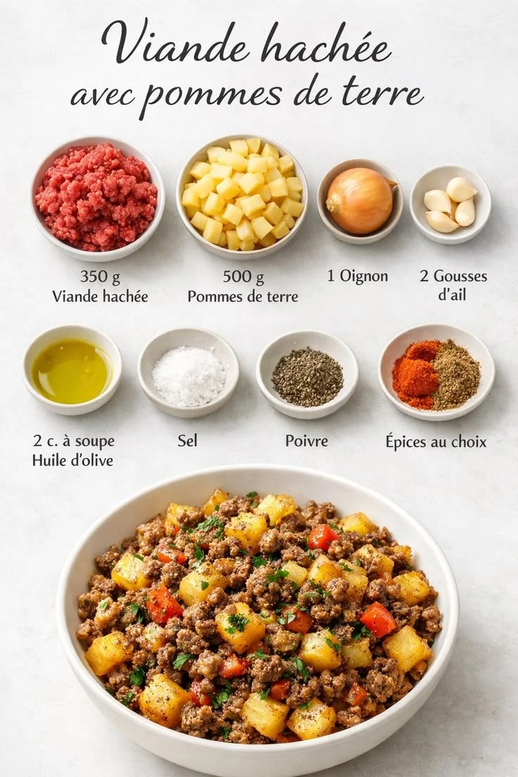 Plat de viande hachée mélangé avec des pommes de terre dorées, préparation rapide