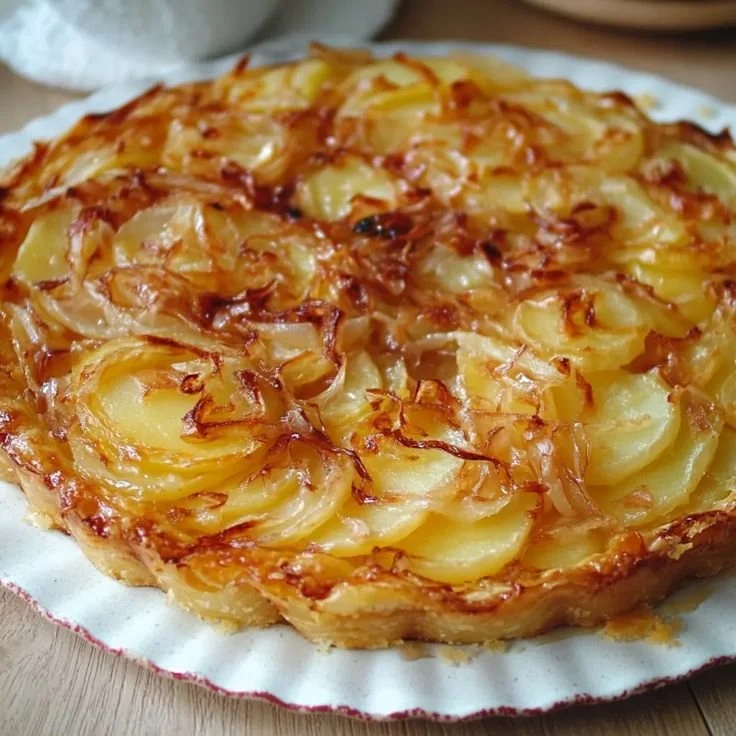 Tarte à l’Oignon et au Reblochon fraîchement cuite, dorée et appétissante.