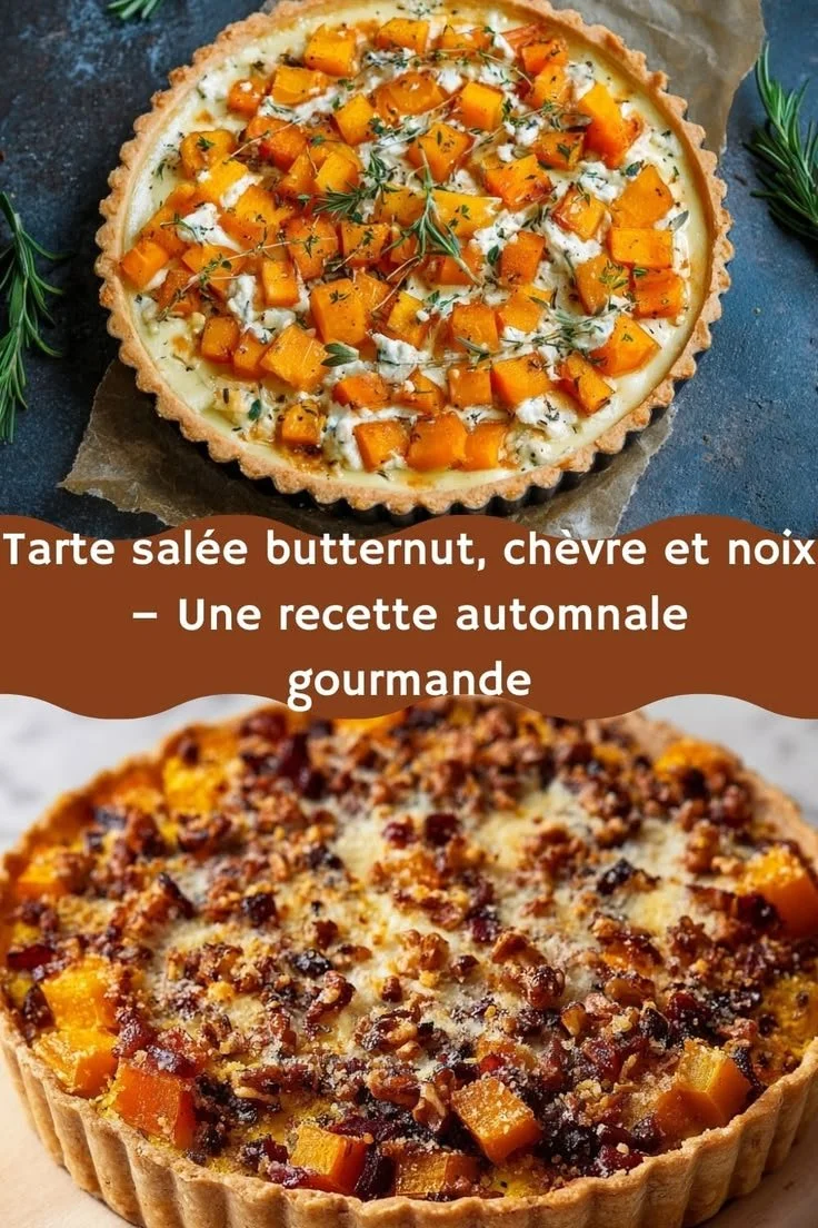 Tarte salée butternut, chèvre et noix présentée sur une table automnale