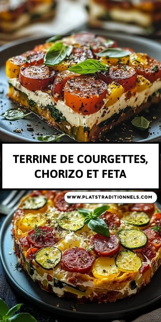 Terrine de courgettes avec chorizo et feta, plat savoureux et coloré.