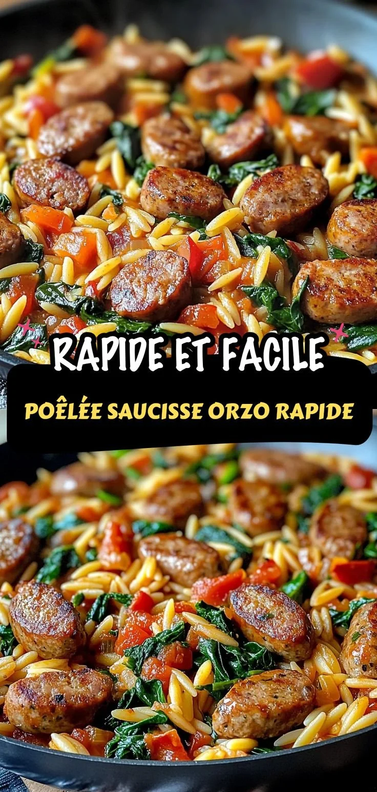 Poêlée de saucisse et orzo servie dans un plat coloré